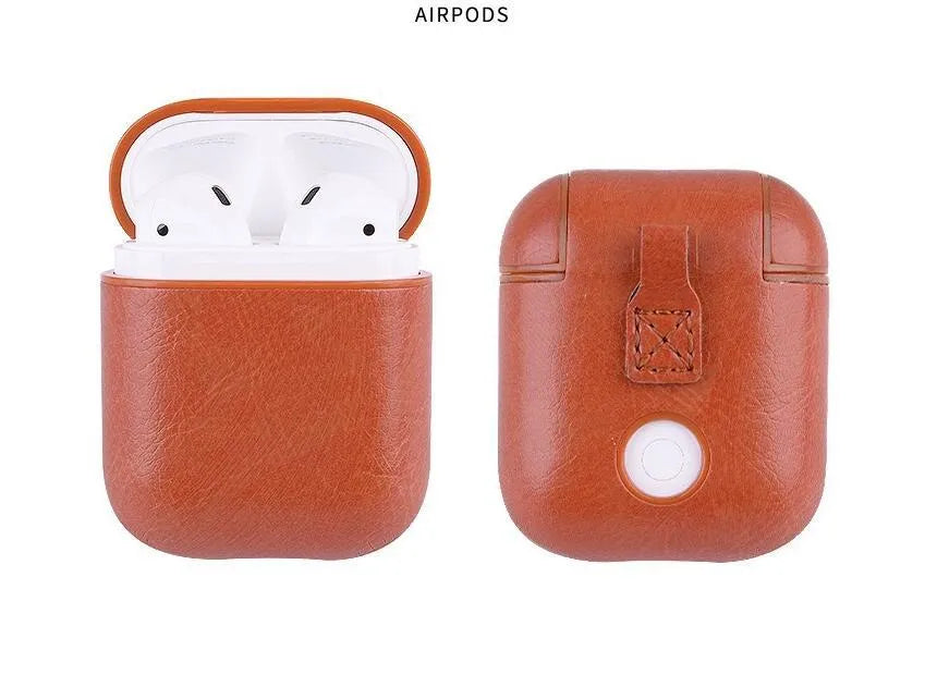Genuine leather AirPods protective case bag in black, brown, light brown, and red colour options.