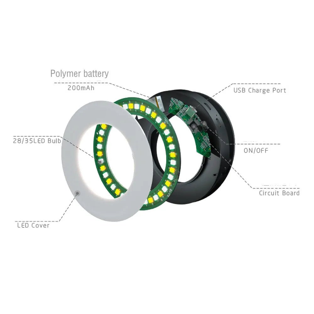 Black LED selfie ring light for mobile phones with USB cable and adjustable brightness settings