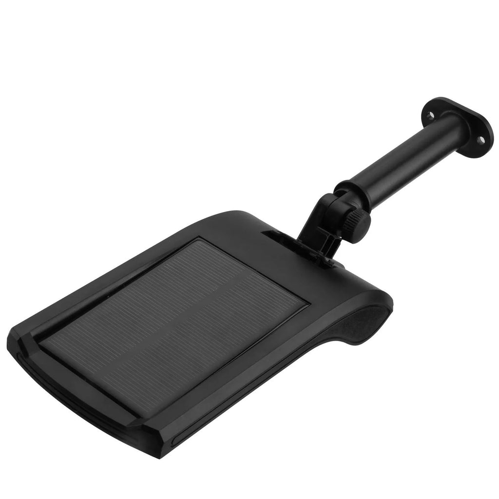 Black L808B solar wall light with diamond-pattern casing and adjustable pole mounted on an exterior wall.