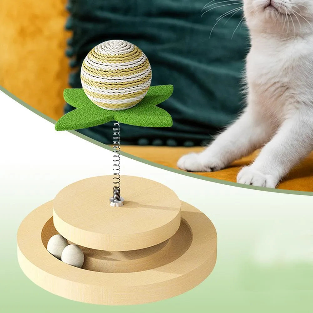 Green sisal cat scratching pad with interactive ball track and rotating spring ball toy