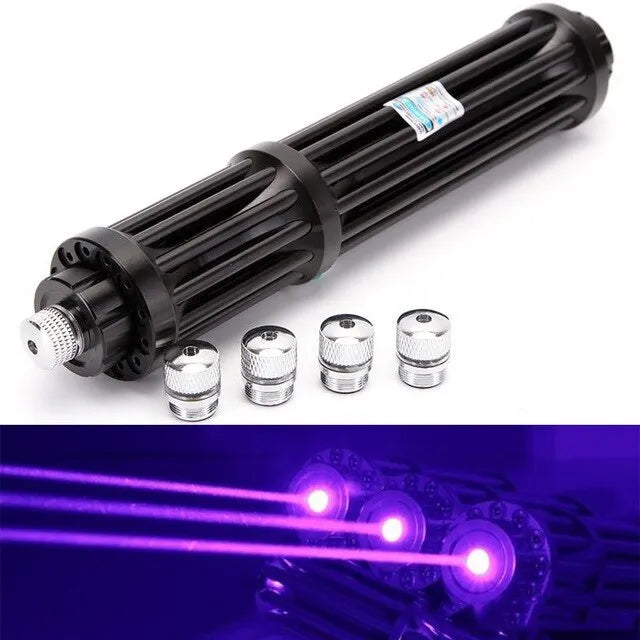 Black anodised aluminium extended flashlight with blue laser pointer, showing tail switch and 18650 battery.