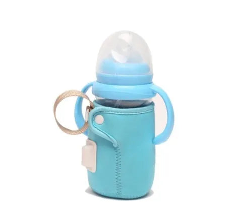 Blue USB baby bottle warmer showing cotton sleeve and power connection for milk feeding