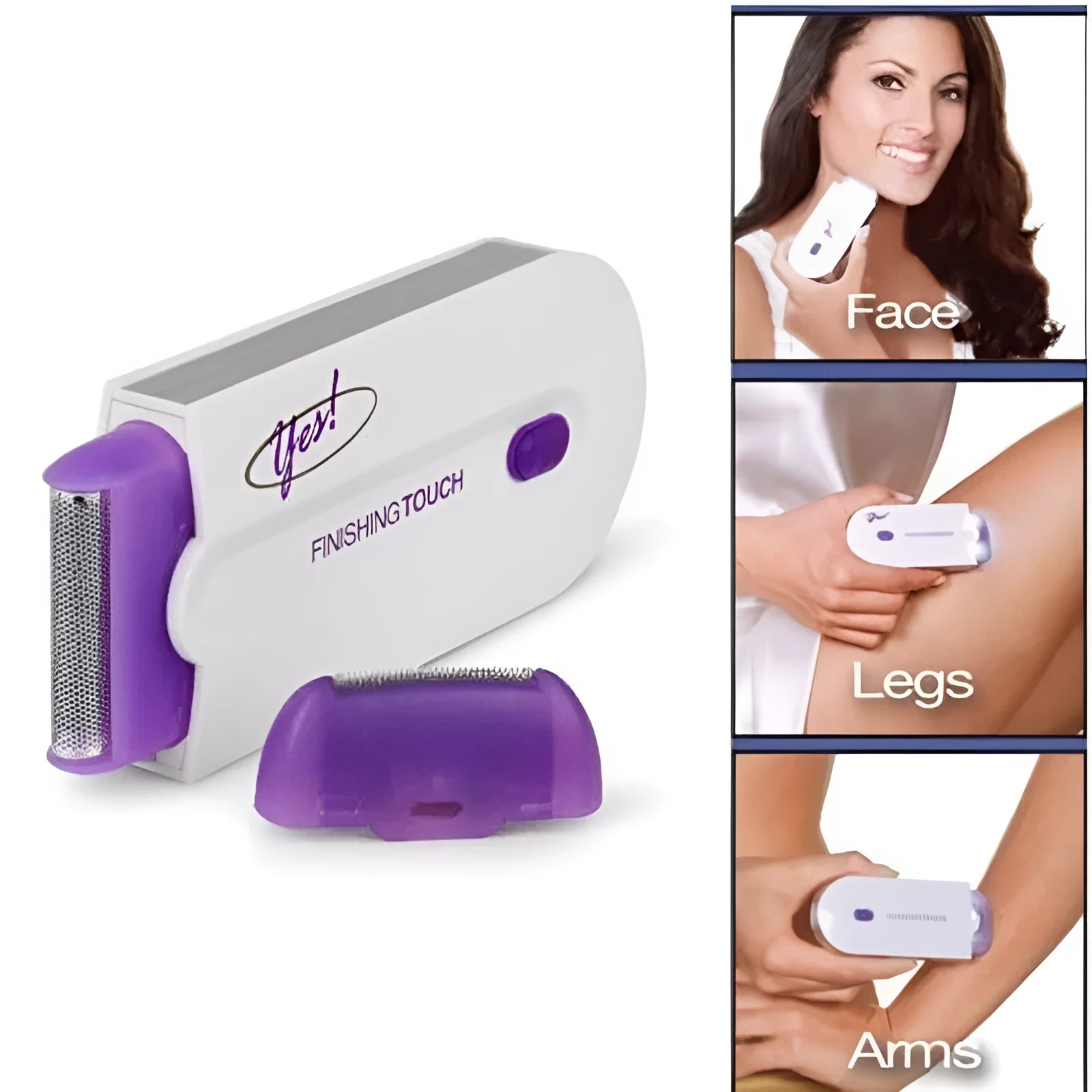 Finishing Touch rechargeable electric hair remover device with trimmer and foil heads on a white background