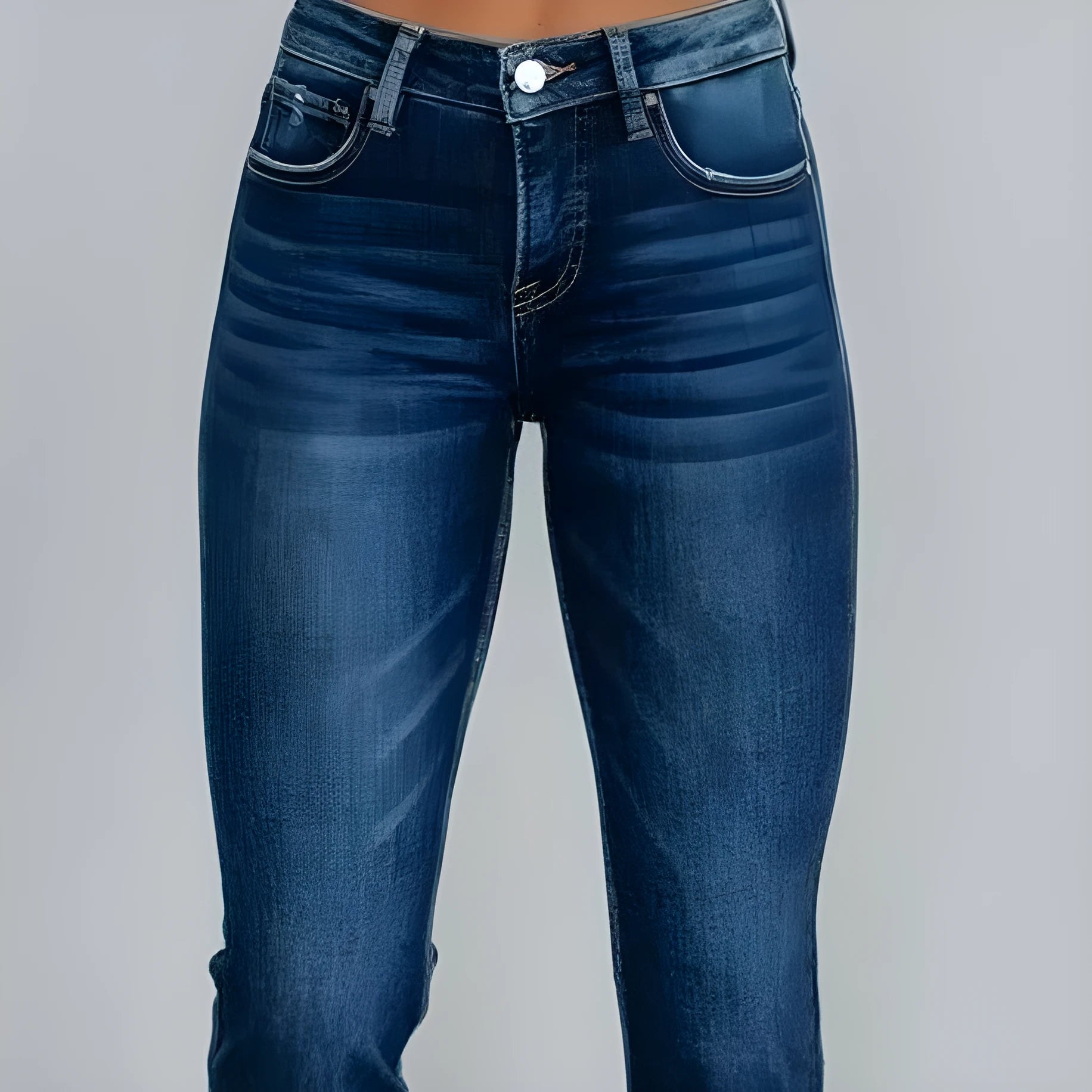 Women's dark blue denim casual trousers with a hand-distressed finish on a hanger.