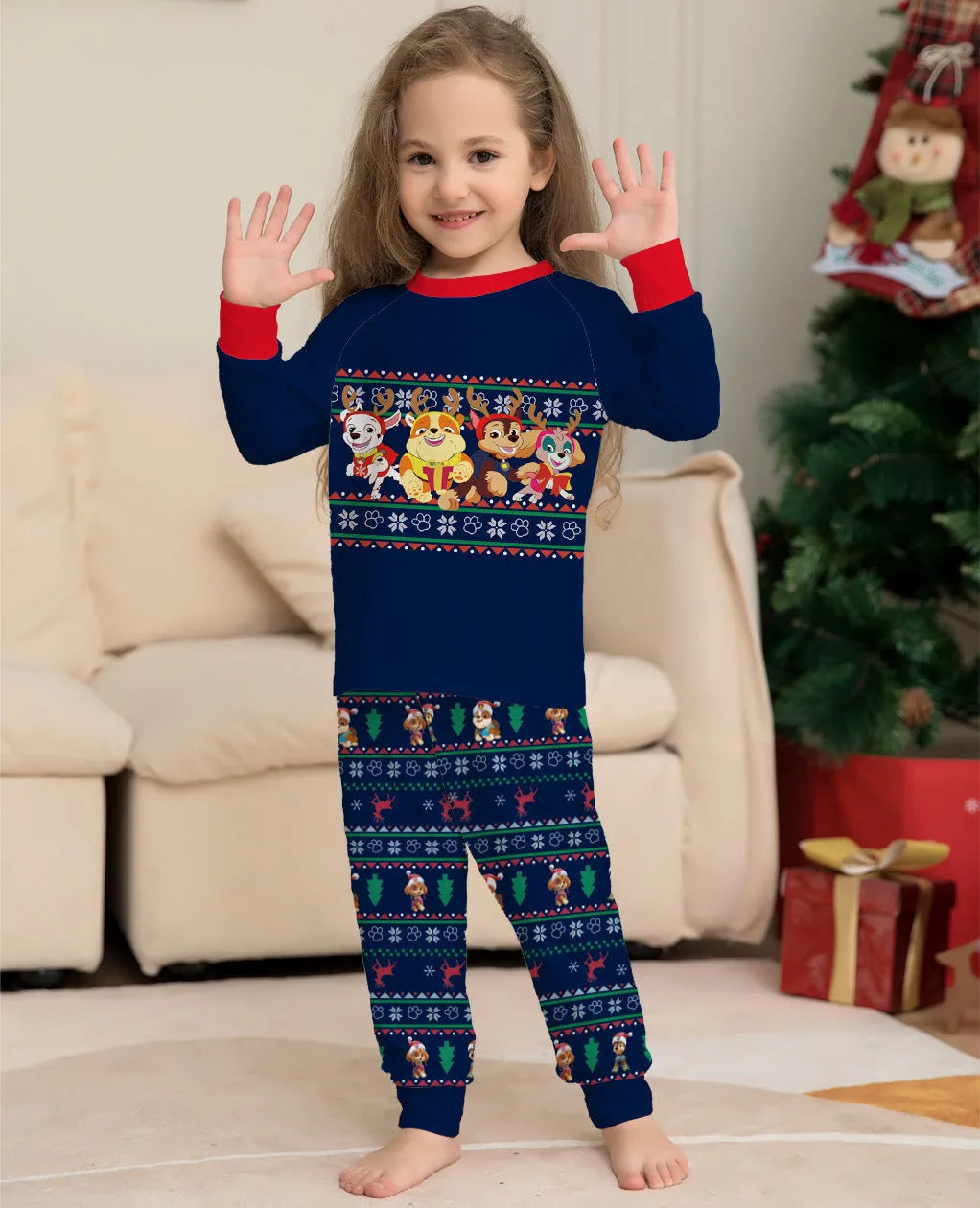 Matching family Christmas pyjamas set with plaid and deer print design in various sizes