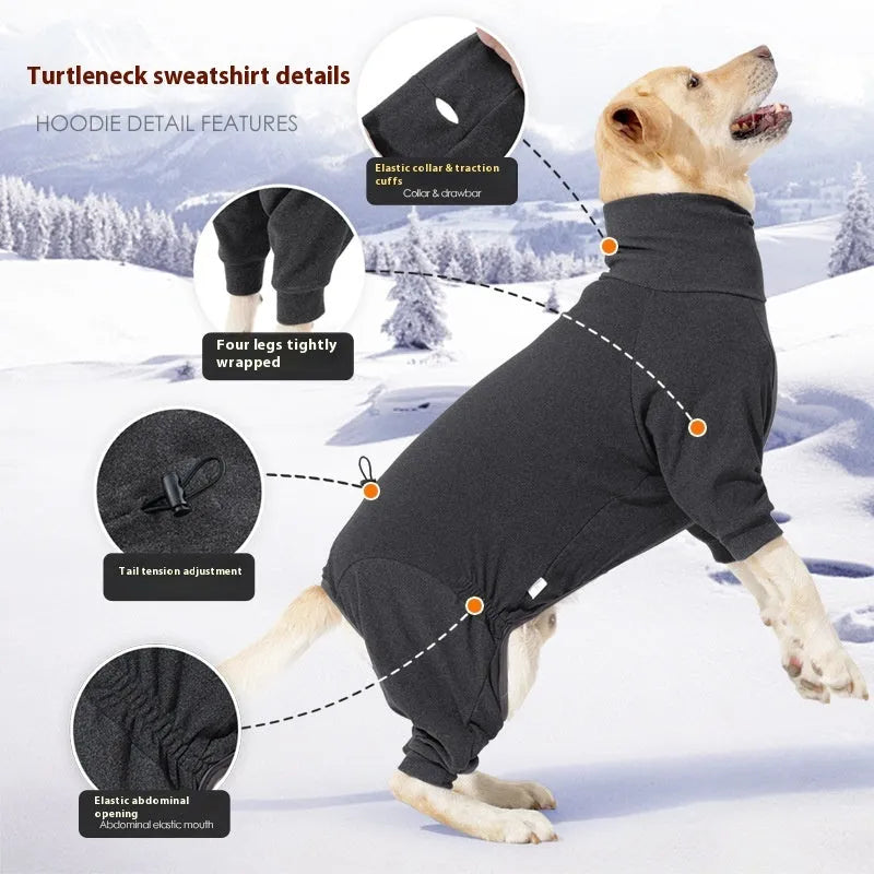 Four-legged polar fleece dog coat with high collar in dark grey colour