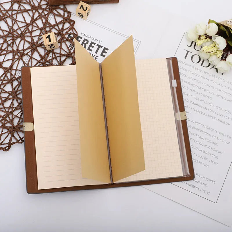 A6 notebook with imitation leather cover in grey, pink or red colours showing cowhide rope binding