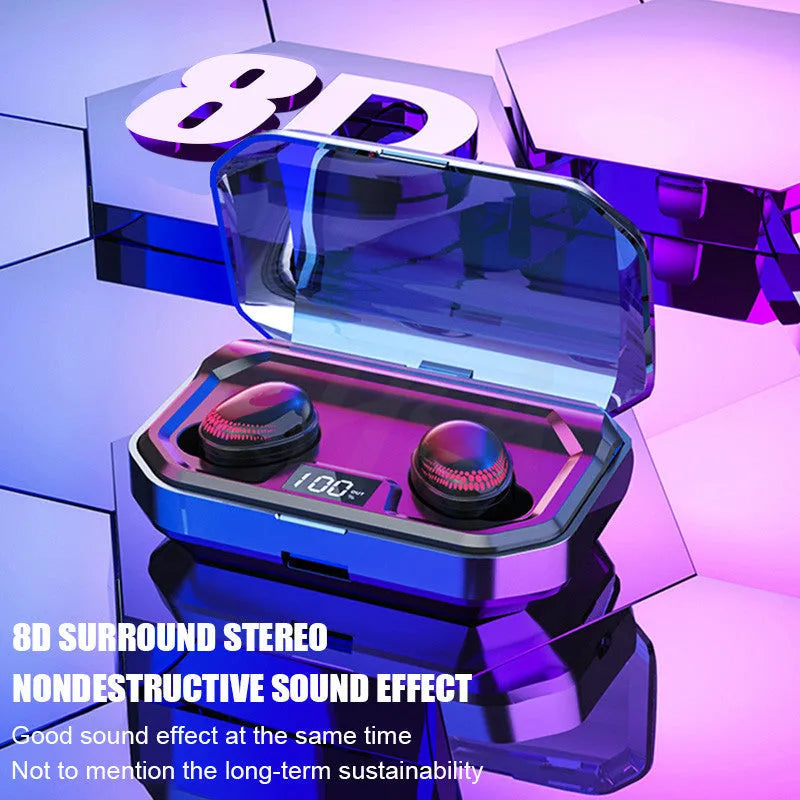 Black Bluetooth headset with earbuds and charging case showing 6mm speakers