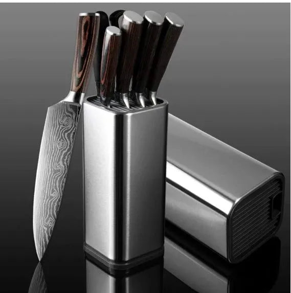 Stainless steel kitchen tool holder with detachable drain base, shown with knives and utensils stored inside.