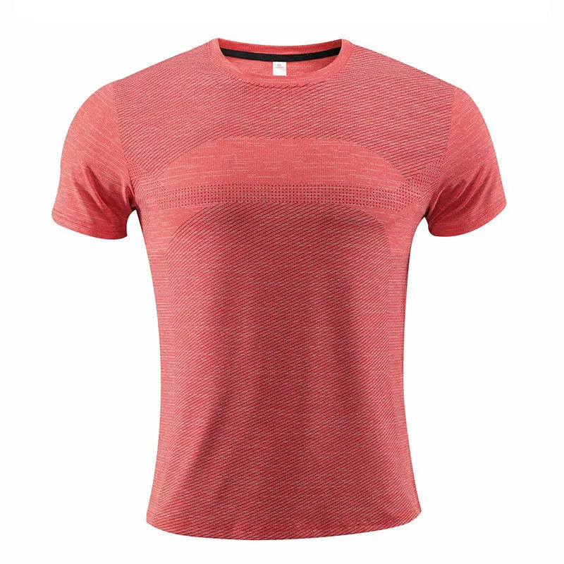 Men's short-sleeved athletic t-shirt for running and basketball in a polyester spandex fabric.