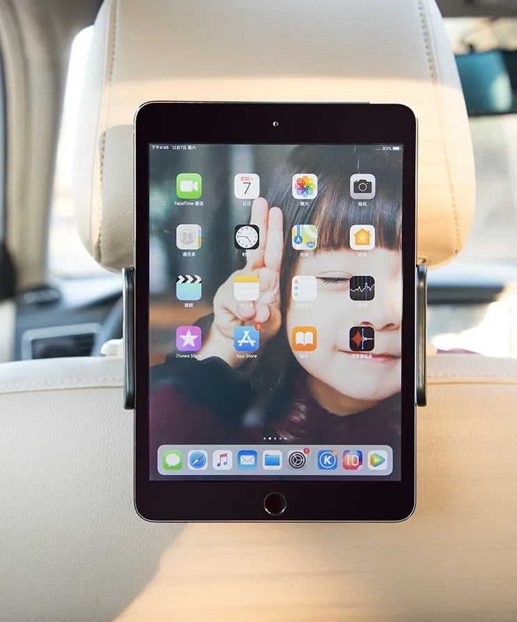 Black universal car phone and tablet holder mounted on a rear seat base.
