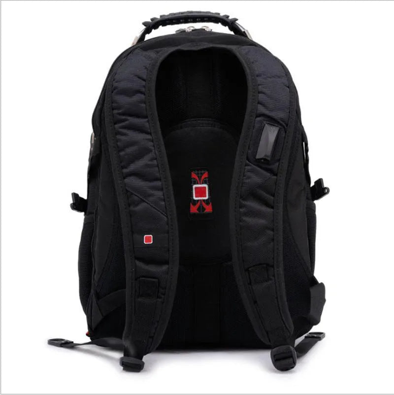 Black 38-litre business laptop backpack with multiple compartments open, showing organiser pockets.