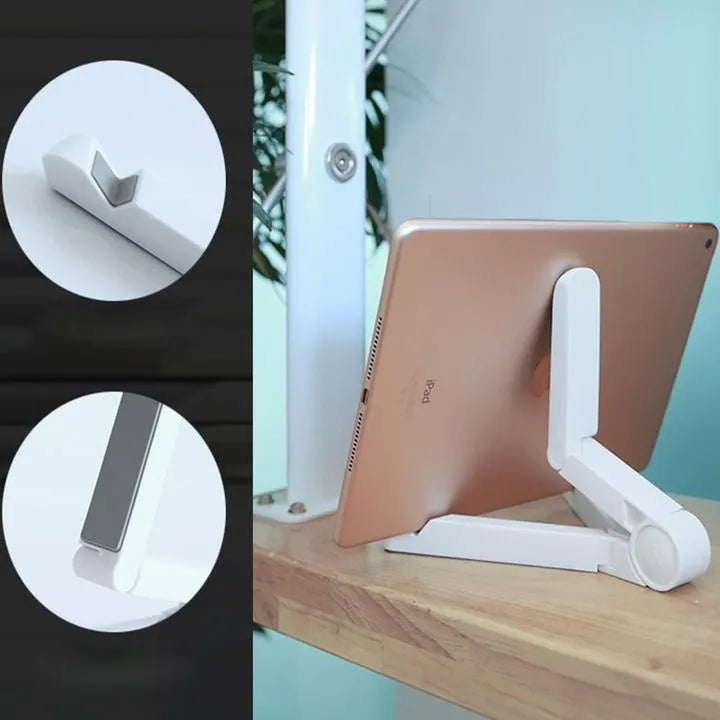 Black foldable tablet holder showing adjustable angles and rubber surface for device protection