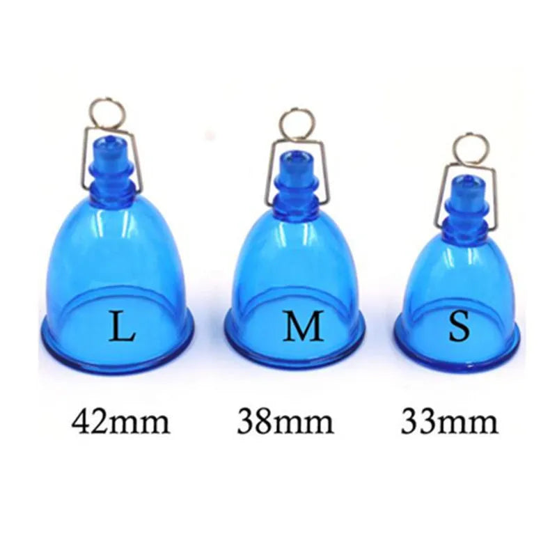 Blue silicone men's physical stretch exerciser cup shown in three sizes: small, medium, and large