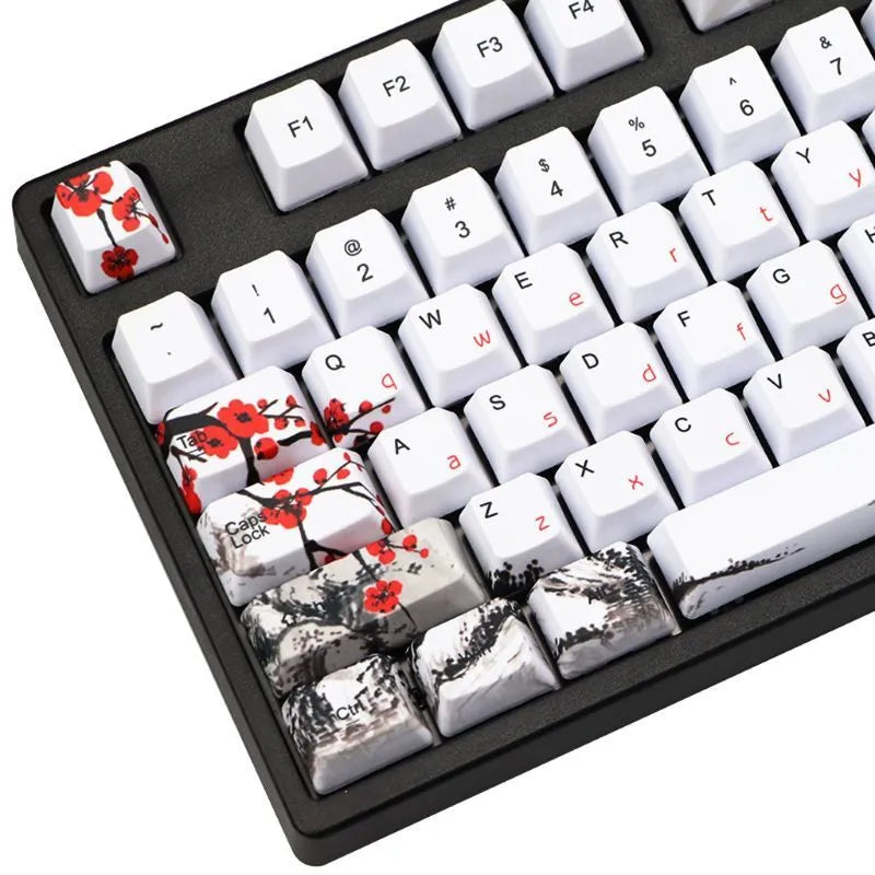 PBT Wangjiang plum blossom themed keycap set for mechanical keyboards, showing Korean and Japanese legend options.