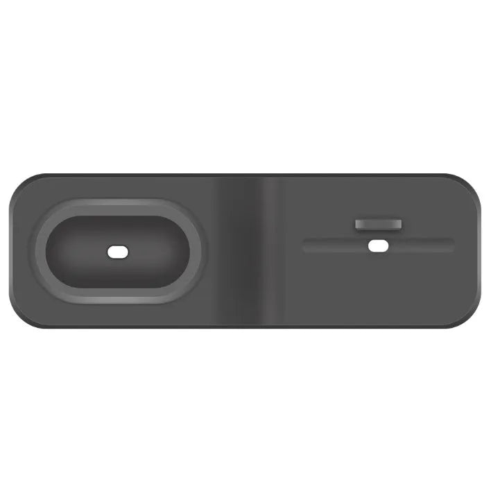 Black silicone 3-in-1 charging base for Apple-compatible iPhone, iWatch and AirPods devices on flat surface