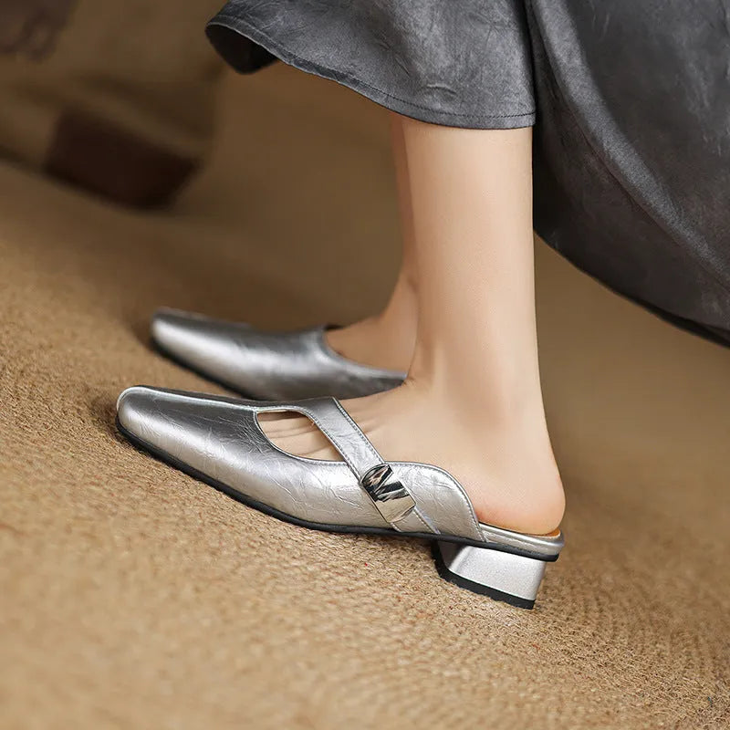 British style square head leisure slippers in black colour with artificial PU upper and low heel design