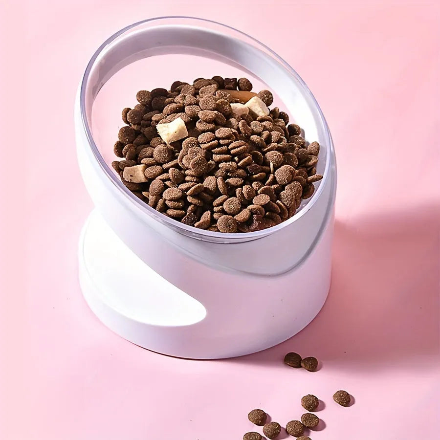 Clear elevated cat food bowl with ergonomic tilt design for neck protection
