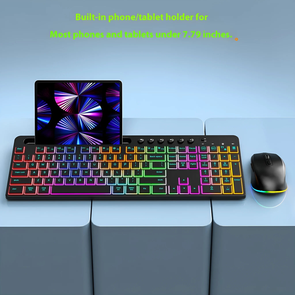 Wireless keyboard and mouse set showing luminous keys and integrated card slot with ergonomic design