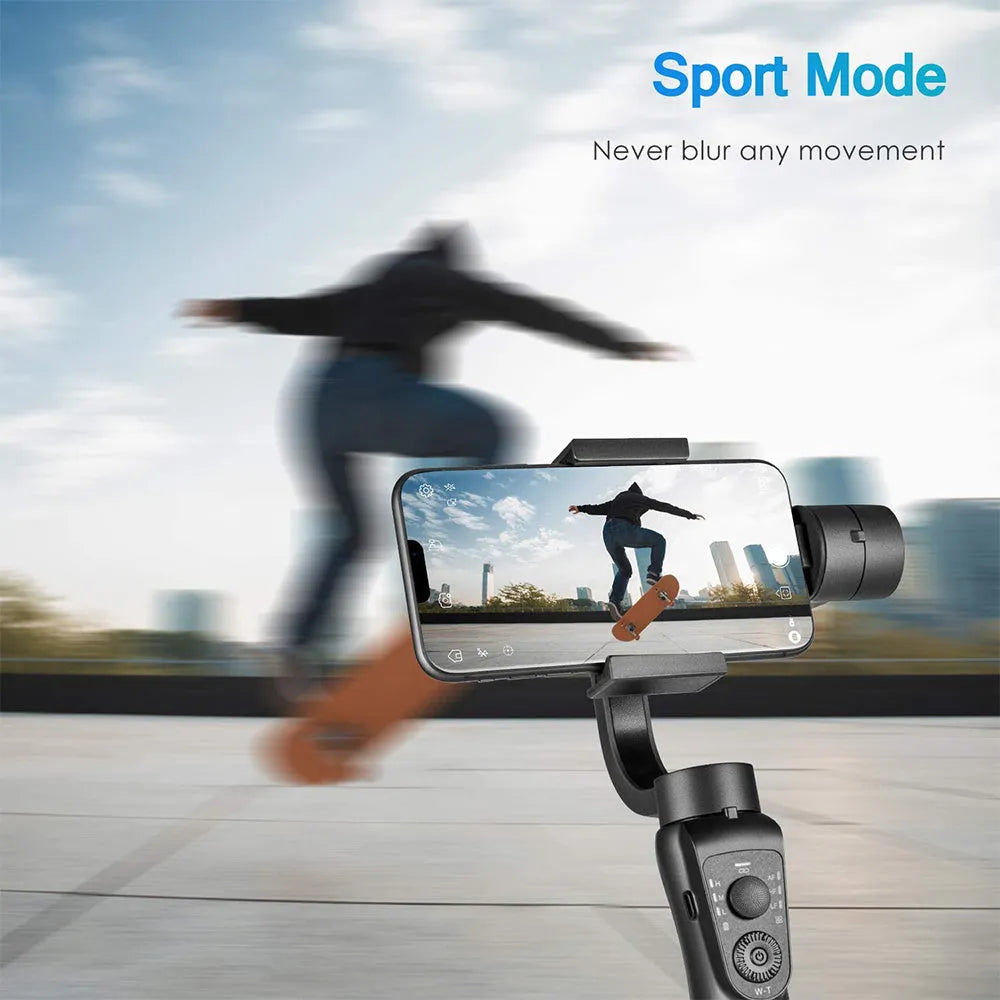 Black three-axis mobile phone gimbal stabiliser with tripod and protective cases
