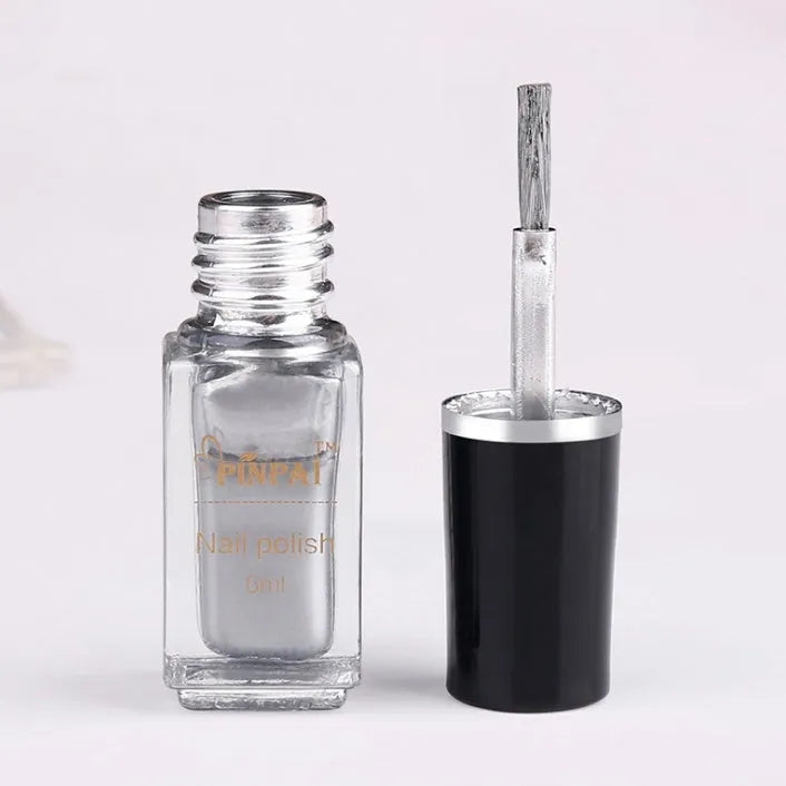 6ml bottle of mirror silver chrome nail polish with metallic reflective finish