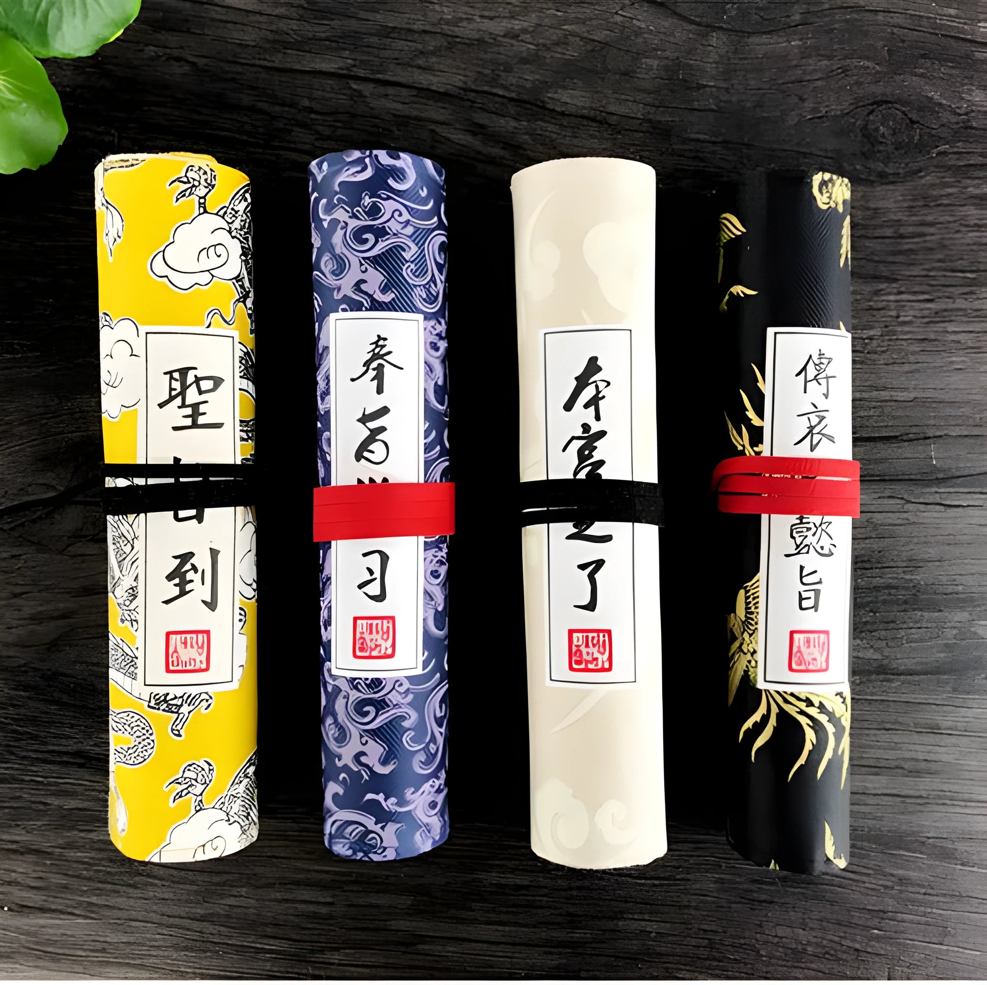 Oxford cloth court style pencil case in black, blue, light yellow, or yellow, showing 28.5mm by 200mm size