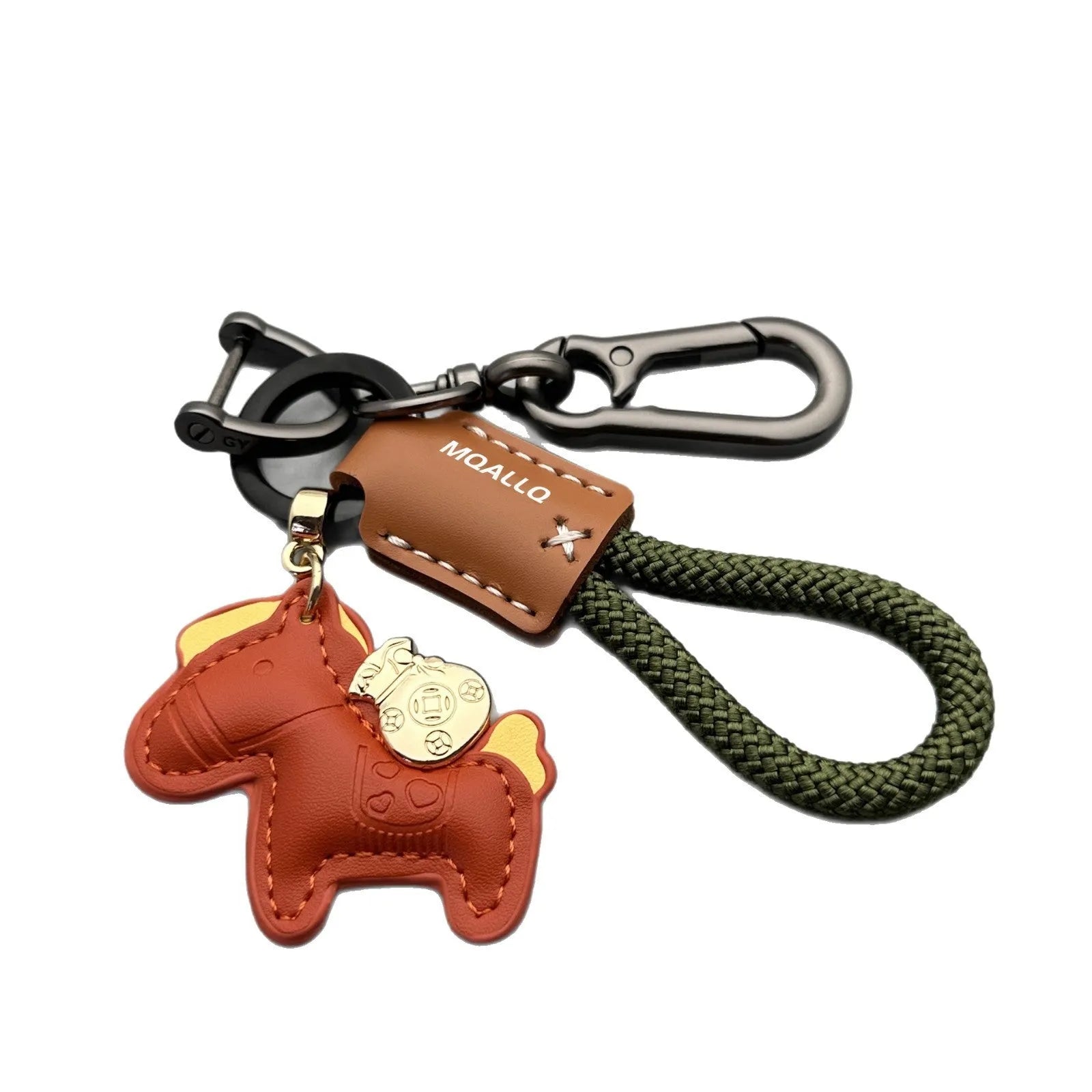 Handmade brown cowhide leather keychain with a silver pony belt buckle charm and green velvet rope.