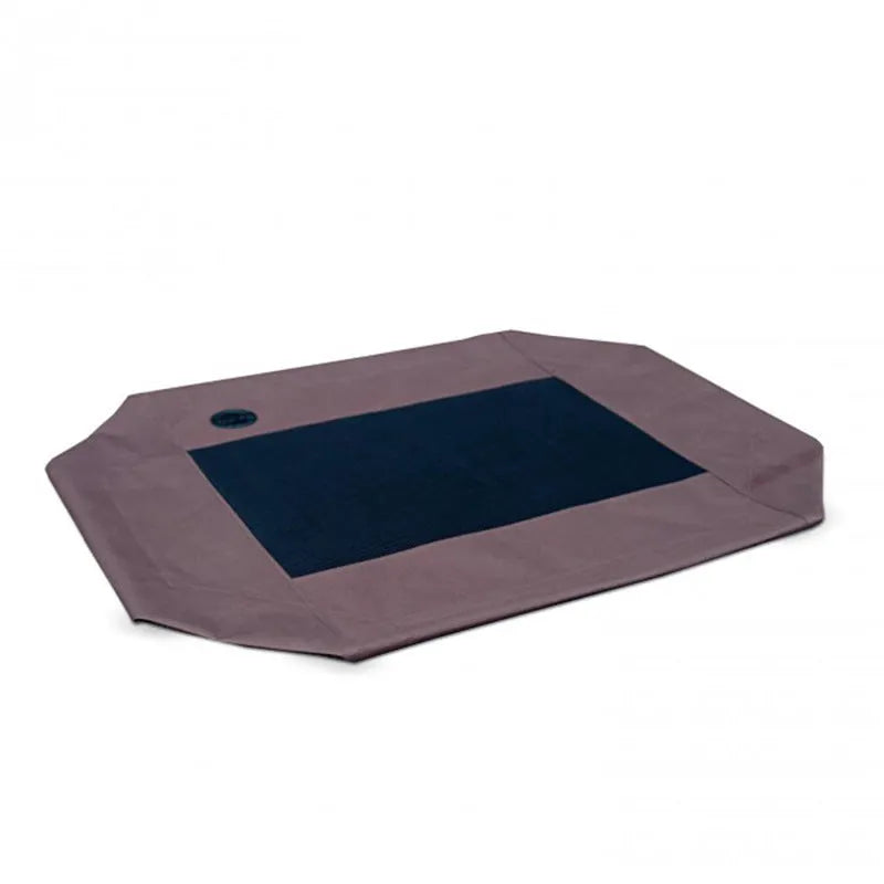 Coffee-coloured Oxford cloth pet bed on a painted metal tube frame, with removable washable surface, available in three sizes.