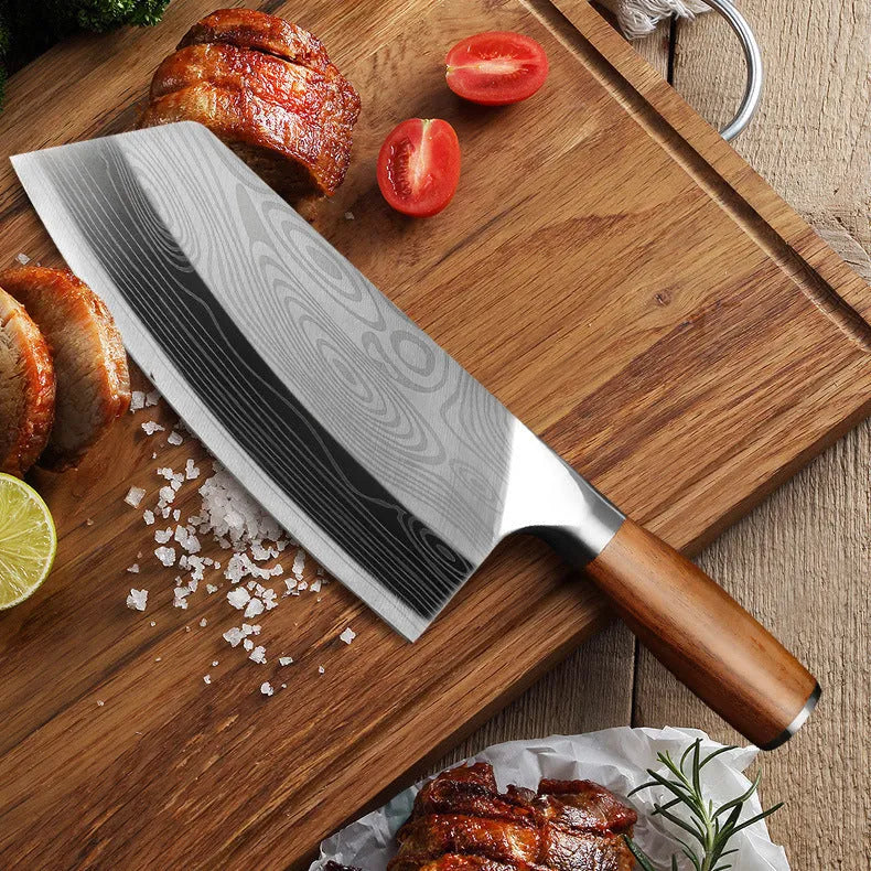 Stainless steel kitchen knife with a 40Cr13 steel blade, showing its 320mm length.