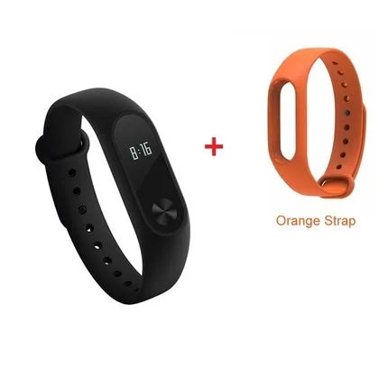 Xiaomi Mi Band 2 black fitness tracker on wrist showing OLED screen display.