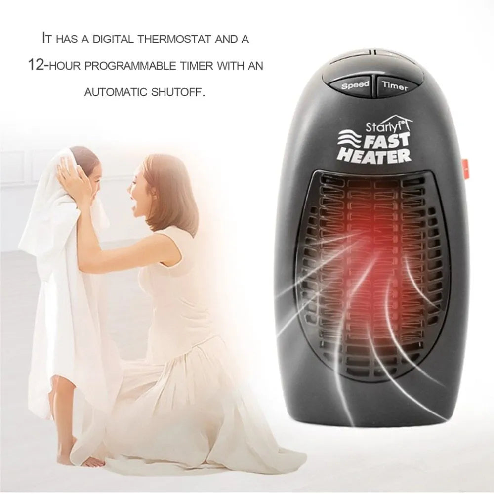 Compact black portable electric heater with digital display and a rotating plug.
