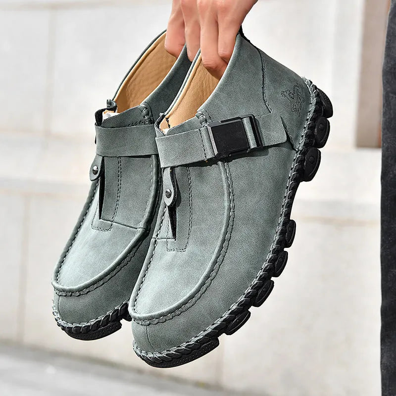 Handmade brown literary retro style slip-on shoes with flat heel and sewing sole construction.