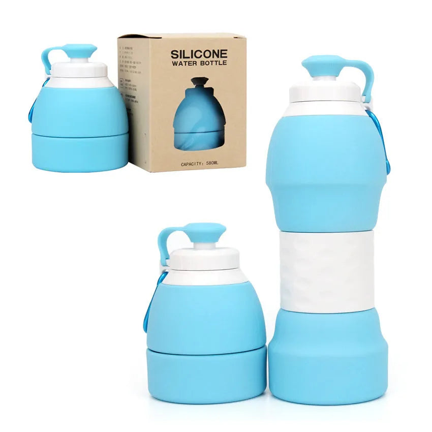 Blue silicone folding water bottle shown at full height and collapsed height next to a backpack