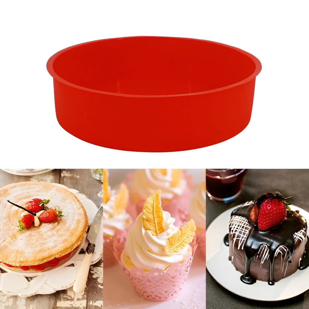 Red silicone round cake baking mould showing three size options: 8-inch, 6-inch and 4-inch