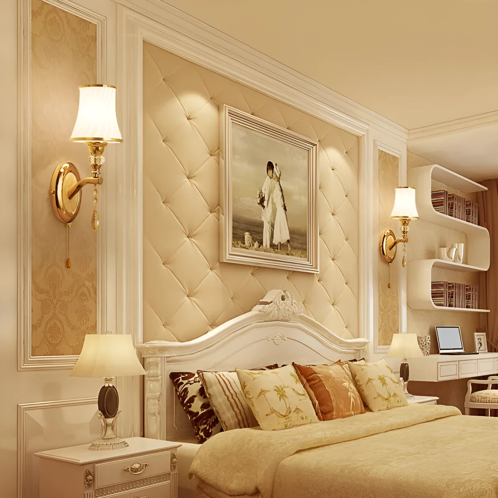 European style wall lamp with glass lampshade, available in single or double head configurations for bedroom or sitting room