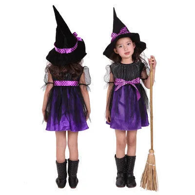 Children's witches costume in linen fabric, available in multiple colours and sizes from 50cm to 160cm.