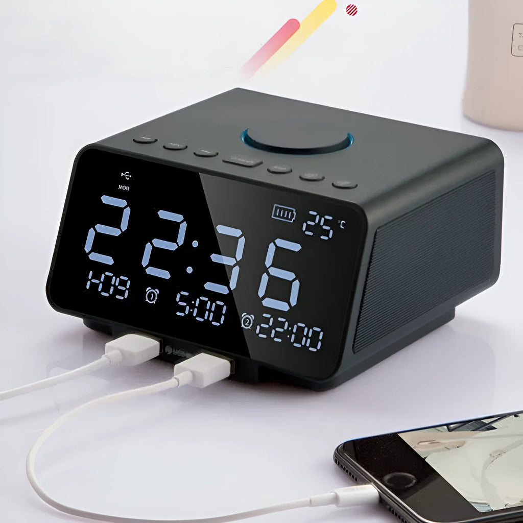 Black and white wireless Bluetooth alarm clock speaker with digital display, showing radio and call functions.
