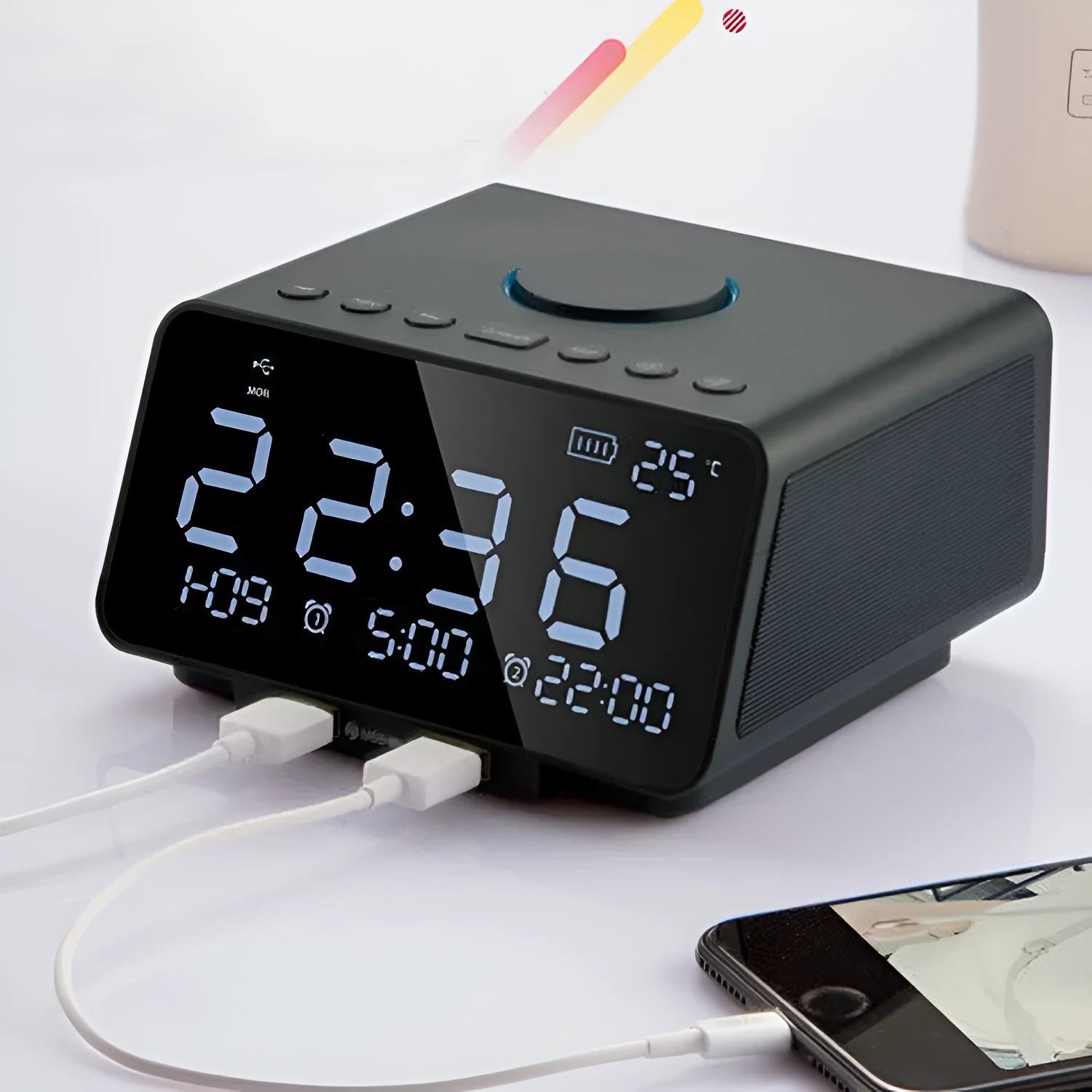 Black and white wireless Bluetooth alarm clock speaker with digital display, showing radio and call functions.