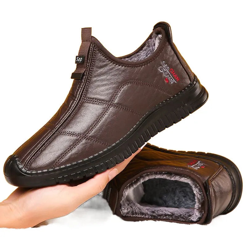 Men's brown casual winter cotton boots with a round toe and lace-up front on a white background.