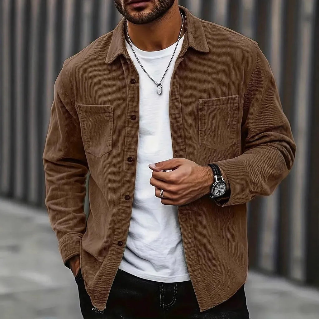 Men's corduroy button jacket in solid colour – army green, front view, with button closure and classic collar