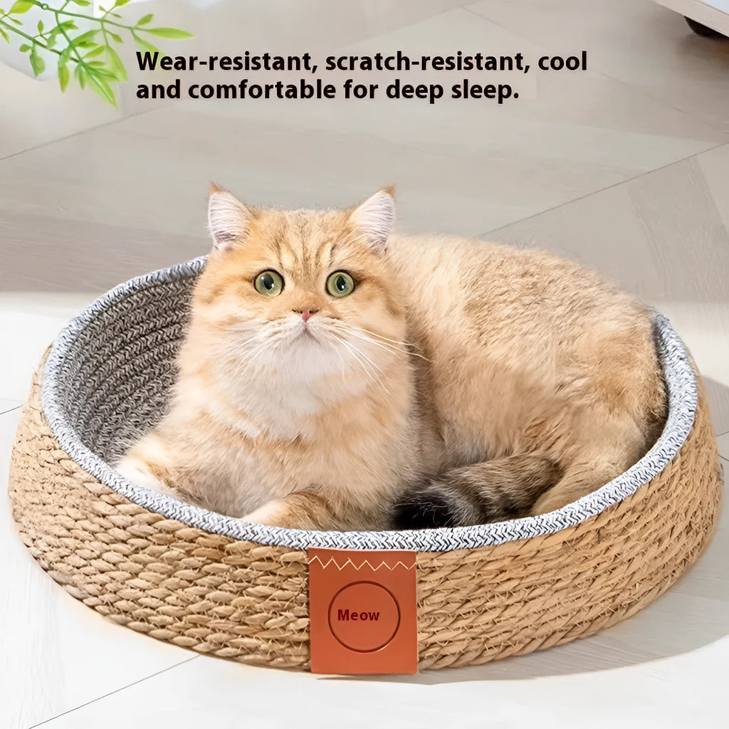 Rattan woven cat nest pet bed available in four sizes S, M, L, and XL.