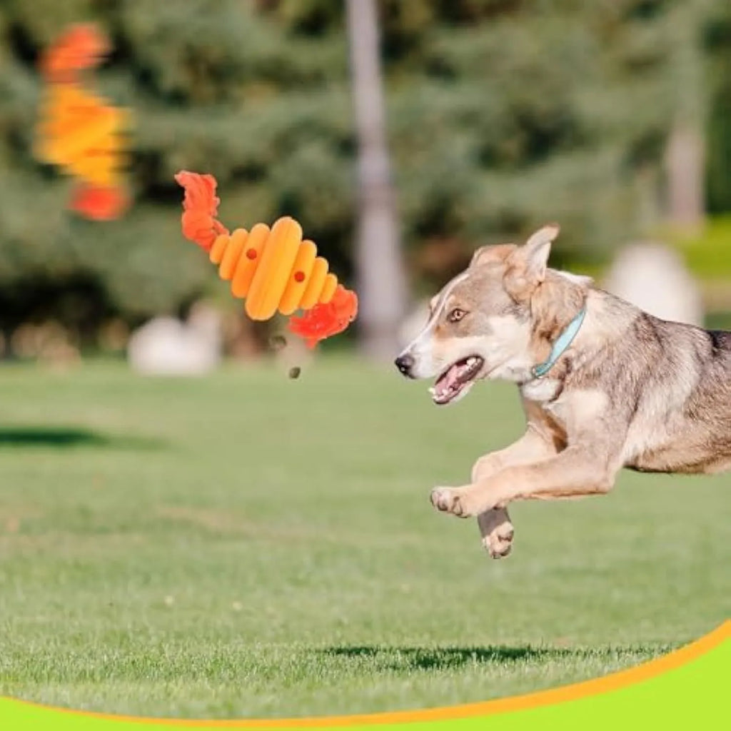 Green and yellow dog ball with integrated rope, hollow treat-dispensing design