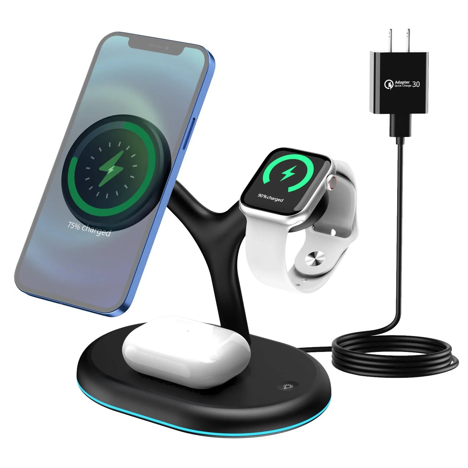 Black three-in-one magnetic wireless charging station for mobile phone, smartwatch, and wireless earbuds.