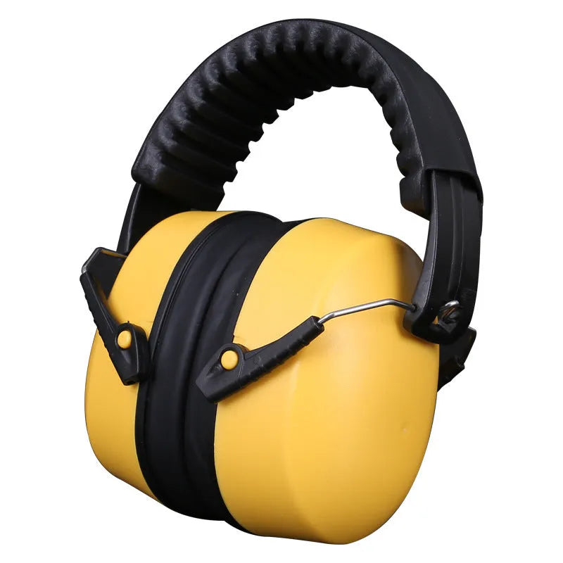Orange noise-reducing headphones and protective earmuffs with an adjustable elastic headband on a grey background.