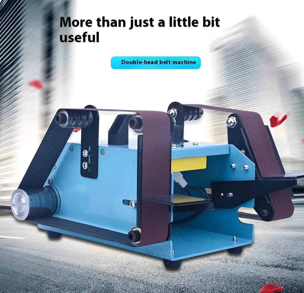 Blue desktop dual-axis belt sander with a 750W motor and variable speed control for knife sharpening