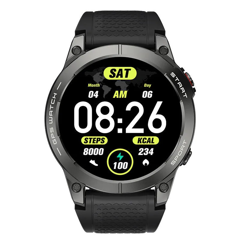 S53 Outdoor GPS Sports Call Smart Watch with black silicone strap and 1.43-inch touchscreen display.