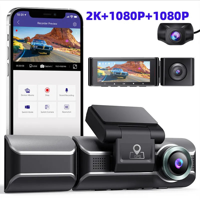 M550PRO driving recorder dash cam with 3 inch screen, front and rear lenses, and car charger on dashboard.