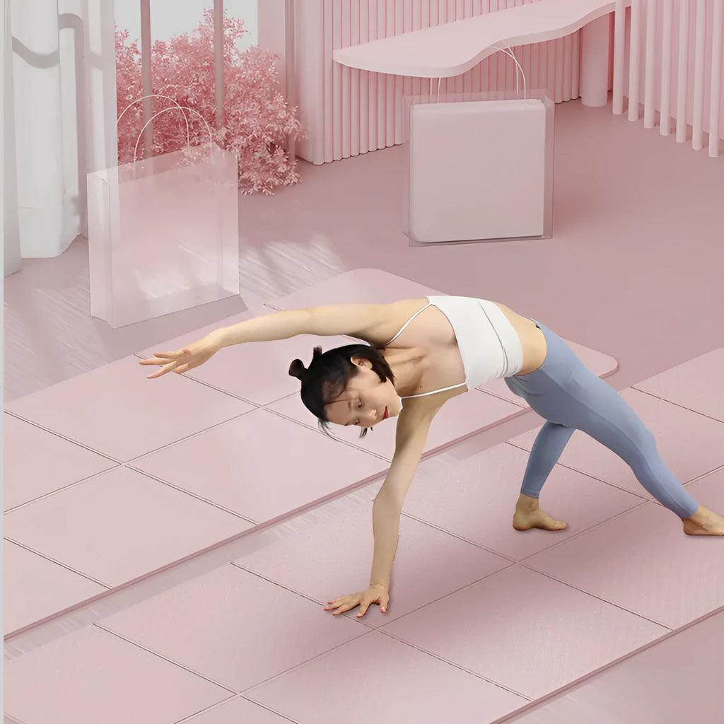 Folded and unfolded blue TPE gymnastic mat on a wooden floor, showing its non-slip texture and size.