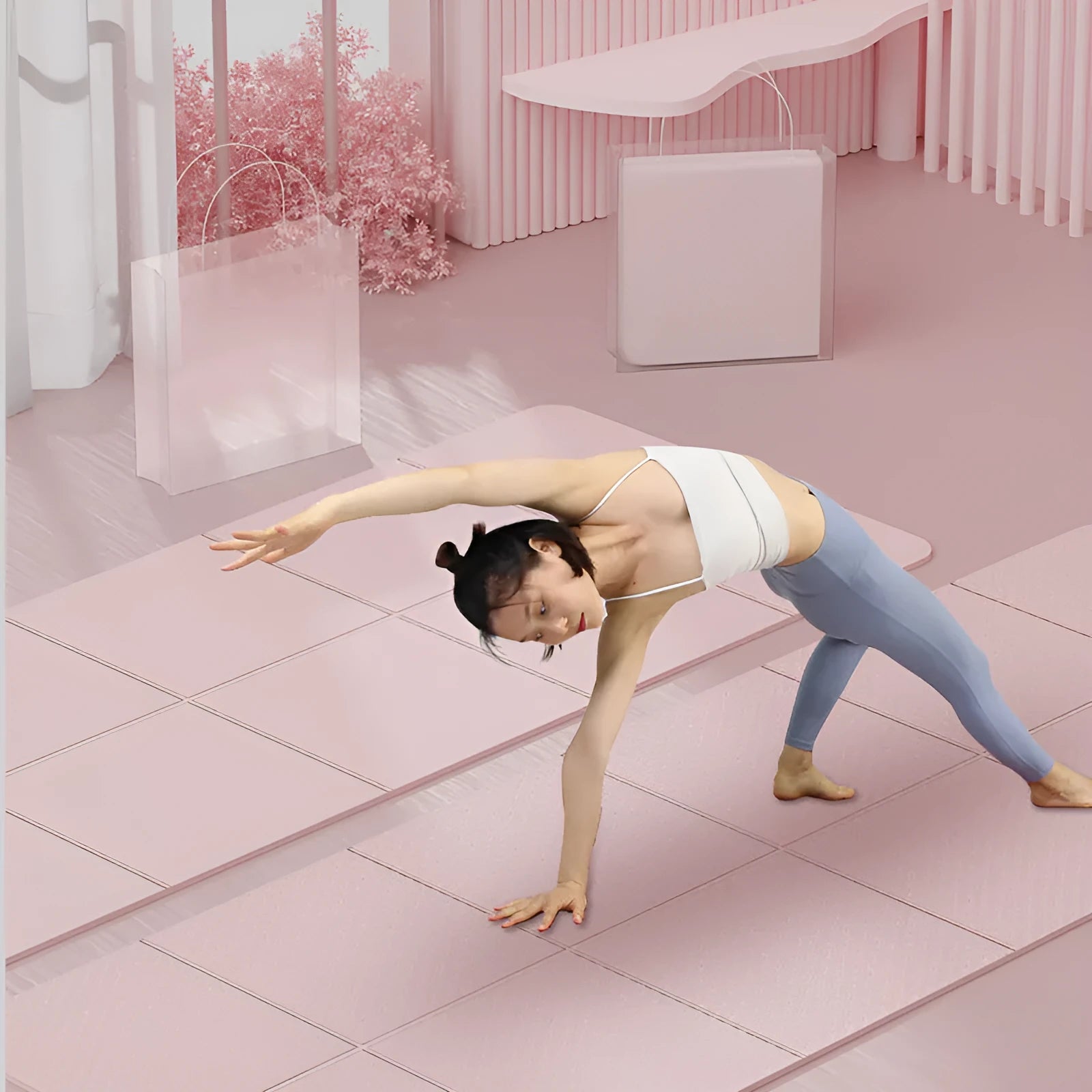 Folded and unfolded blue TPE gymnastic mat on a wooden floor, showing its non-slip texture and size.