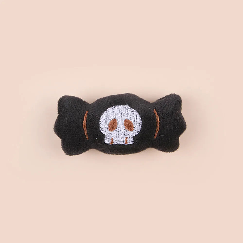 Colourful plush cat teaser toy with flexible wand showing candy and eyes designs